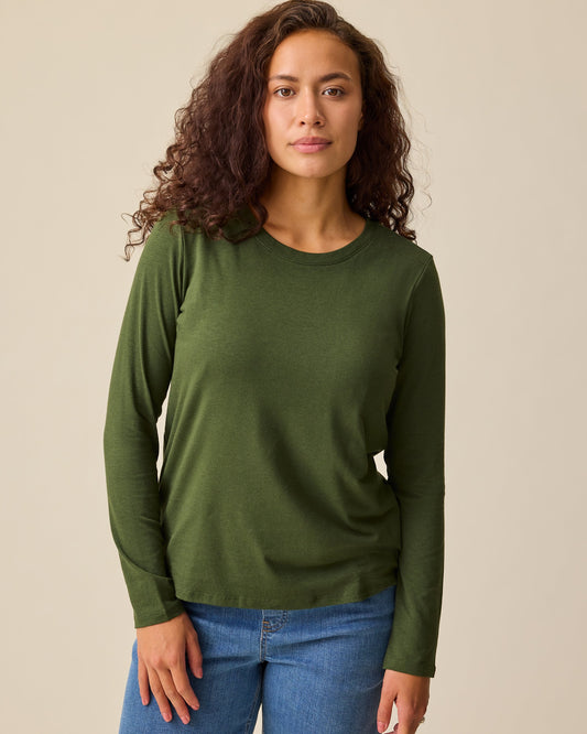 Model is wearing Modal Long Sleeve Nursing T-shirt in Deep Olive and Wide Leg Maternity & Postpartum Jean in Medium Wash on a beige background.@model_info:Sadie is wearing a Medium.