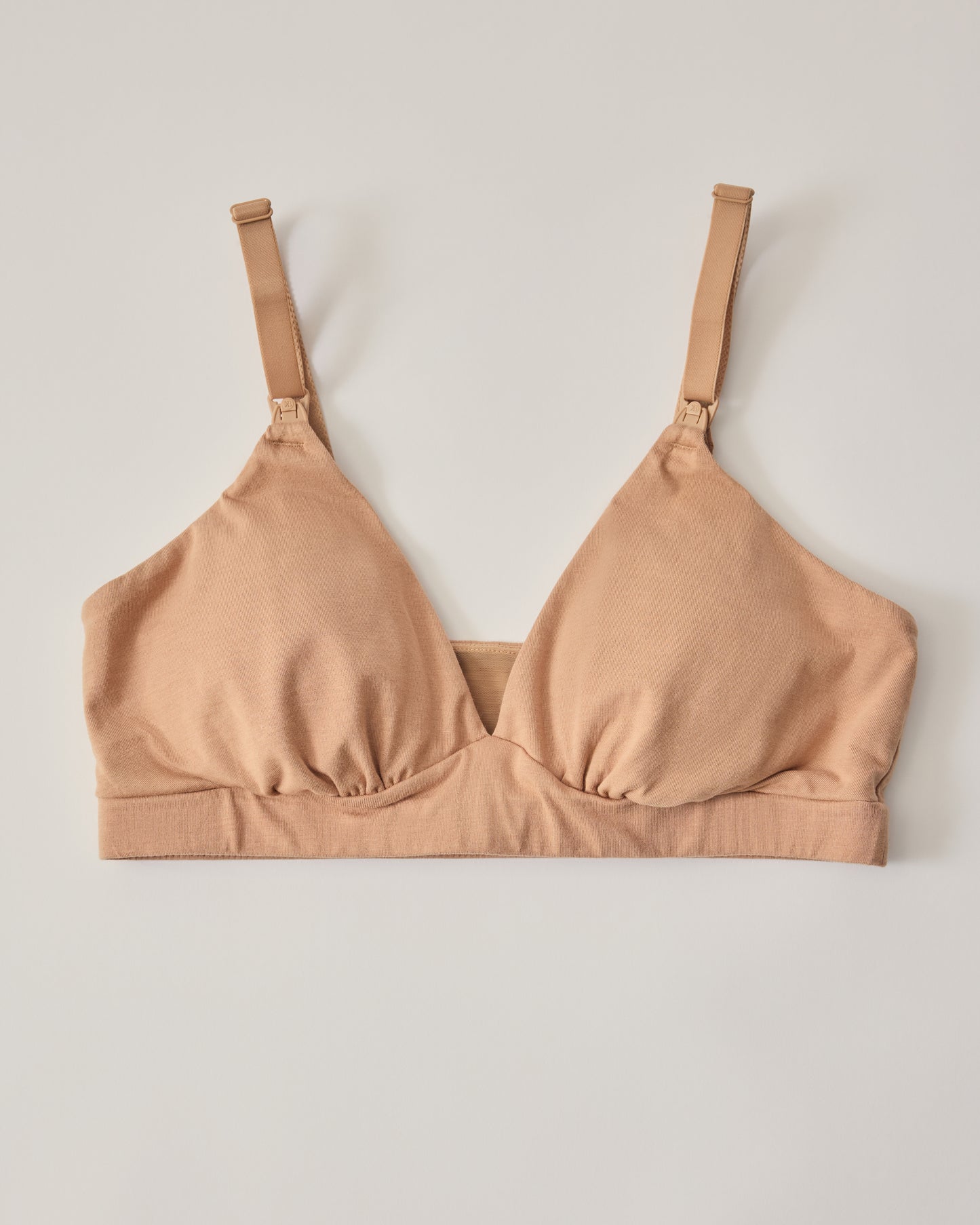 SoftStretch Cotton Maternity & Nursing Bralette in Buff on a beige background.