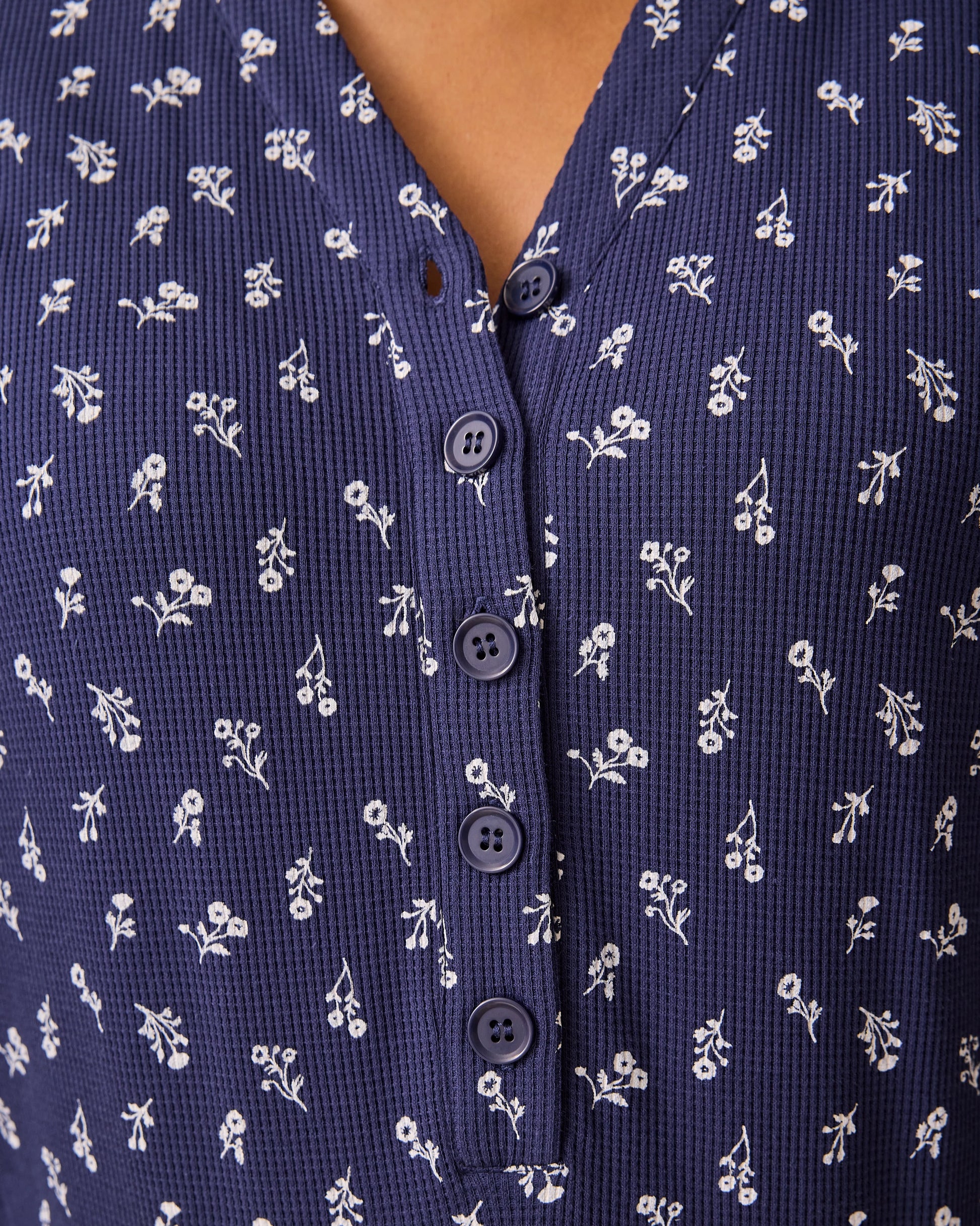 Close up of neckline on the Waffle Maternity & Nursing Lounge Set in Navy Wildflower.