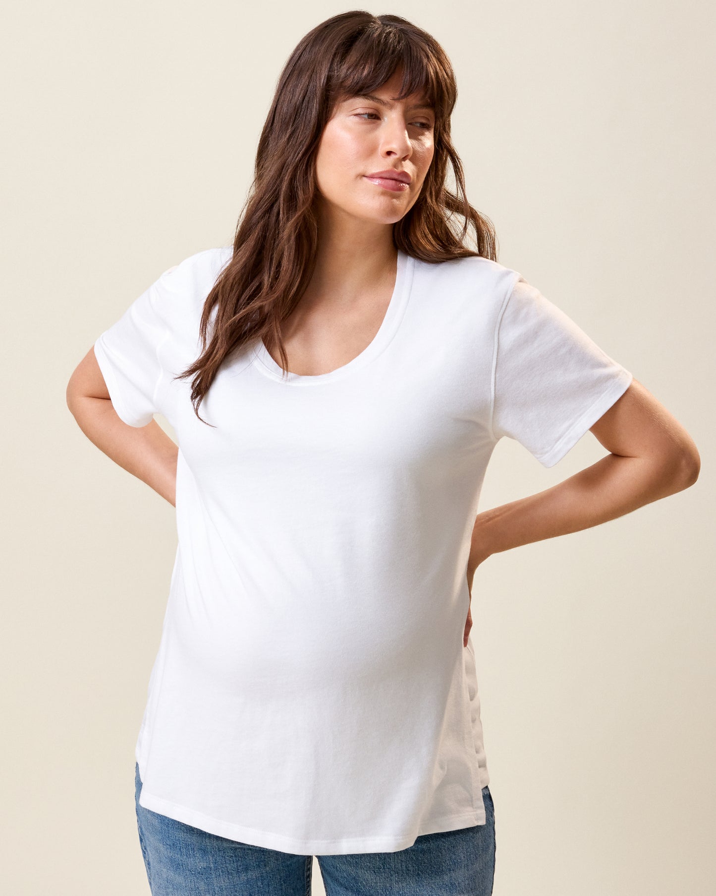 Front view of model wearing Relaxed Cotton Maternity & Nursing T-shirt in White on a neutral background@model_info:KJ is wearing a Medium.