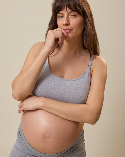 Model wearing French Terry Maternity & Nursing Bralette in Grey Heather against a neutral background