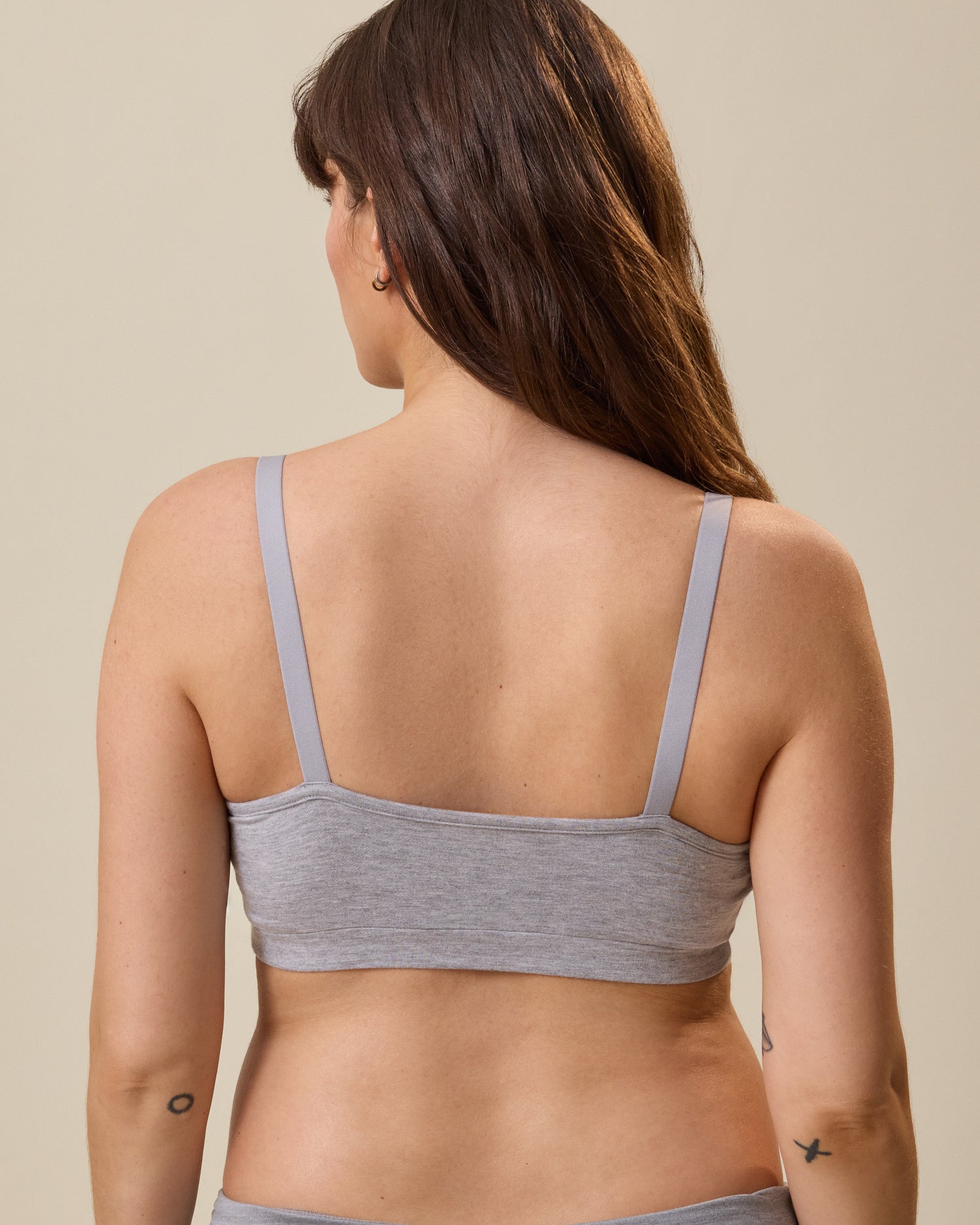 Model wearing French Terry Maternity & Nursing Bralette in Grey Heather against a neutral background