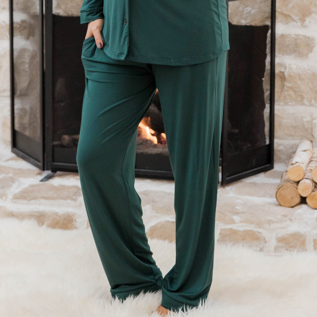 Bottom half of a model wearing the Clea Bamboo Long Sleeve Pajama Set in Evergreen