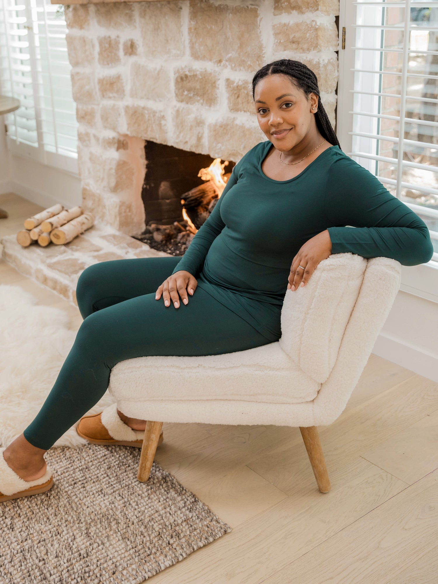 Model wearing matching nursing pajama set in Evergreen. @model_info: Roxanne is 5'9" and wearing a large.