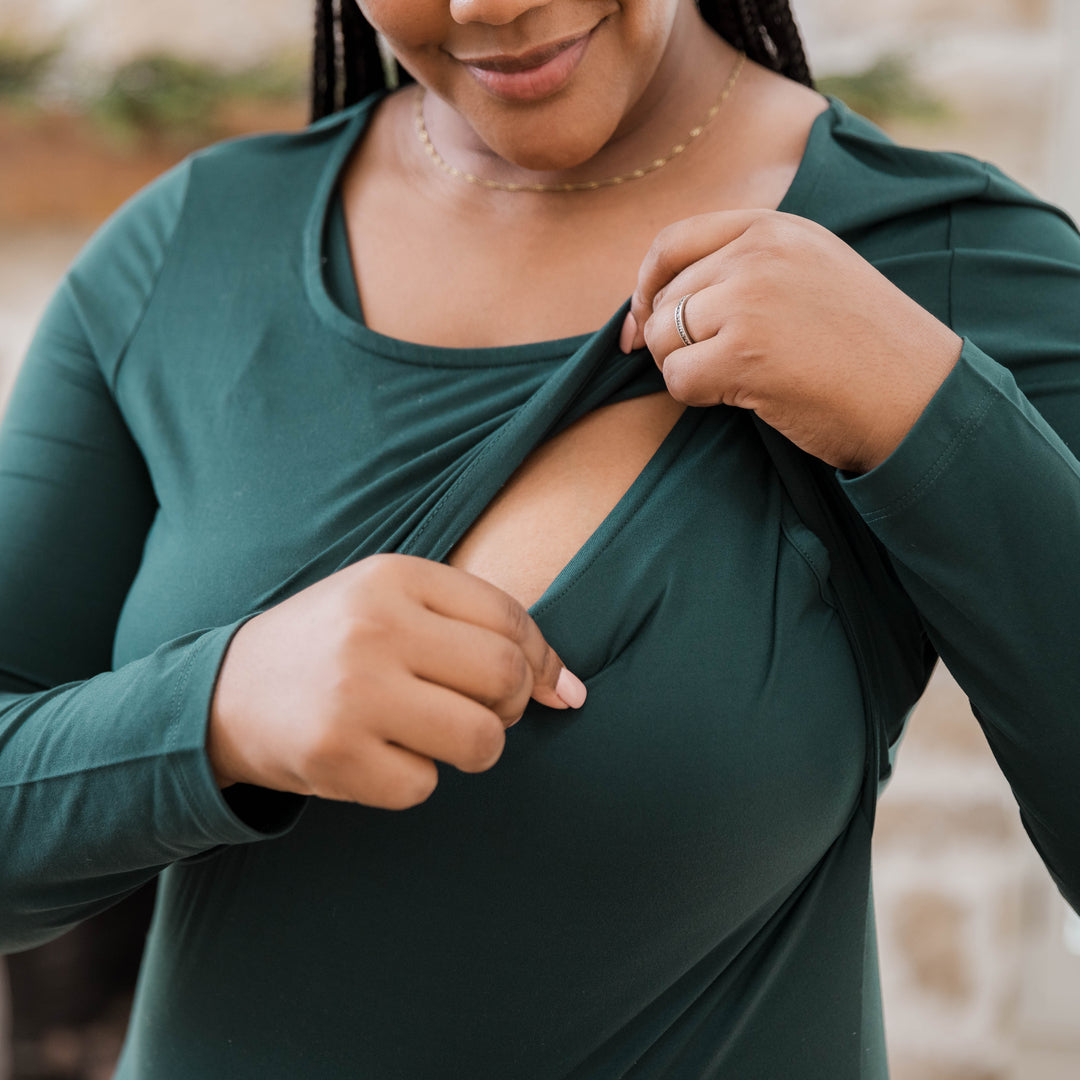 Model wearing the Jane Nursing Pajama Set in Evergreen showing the nursing functionality.