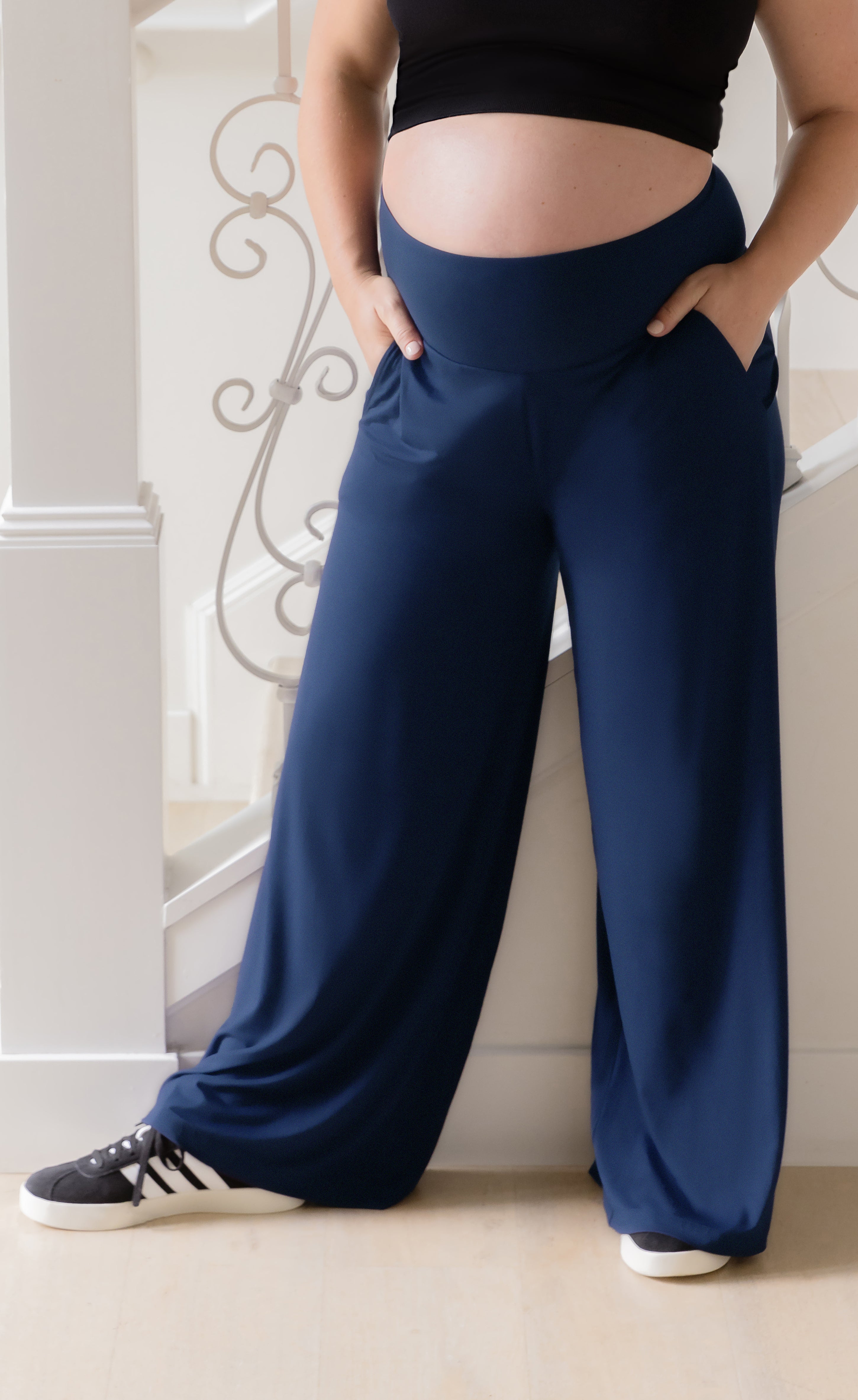 maternity dress pants Bamboo Wide Leg Maternity & Postpartum Lounge Pant | Navy - Long (32") / L