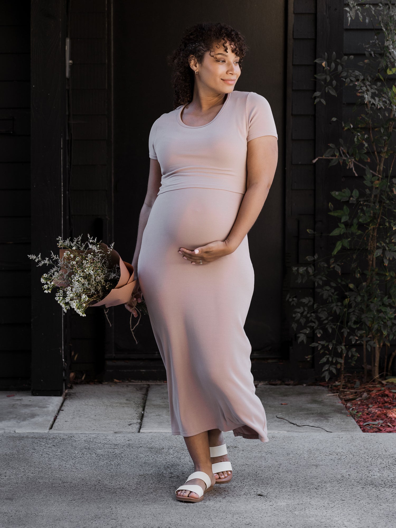 Pregnant model wearing the Olivia Ribbed Bamboo 2-in-1 Maternity & Nursing Dress in Lilac Stone