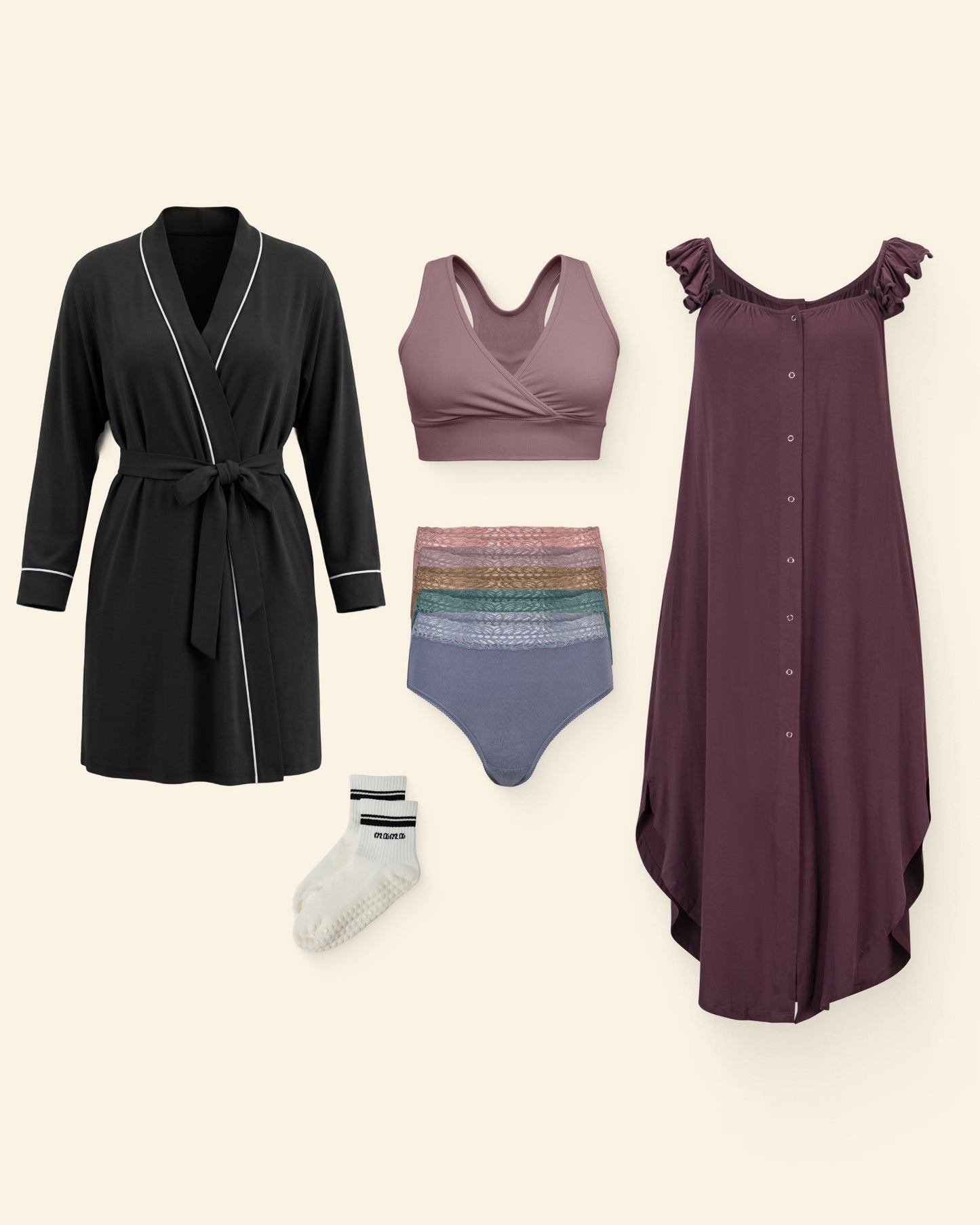 Ruffle Gown Labor & Delivery Bundle: Ruffle Labor & Delivery Gown in burgundy plum, Clea Bamboo Robe in Slate Blue, French Terry Racerback Nursing & Sleep Bra in Twilight, Non-Slip Quarter Crew Socks in Ivory & Black, and Patsy High Rise Panties (5-Pack) in Dusty Earth Hues-Underwear, on a beige background.