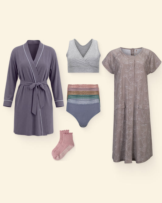 Universal Gown Labor & Delivery Bundle includes: Universal Labor & Delivery Gown in Lilac Bloom, Clea Bamboo Robe in Slate Blue, French Terry Racerback Nursing & Sleep Bra in grey heather, Non-Slip Ruffle Ankle Socks in Light Mauve, and Patsy High Rise Panties (5-Pack) in Dusty Earth Hues-Underwear, on a beige background.
