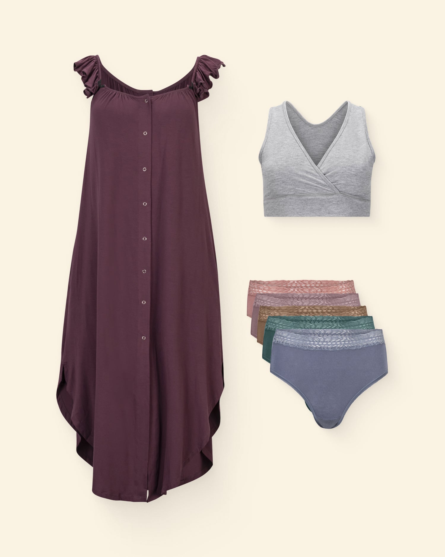 Flat lay image of the Labor & Delivery Ruffle Delivery Gown, French Terry Bra and 5 Pack High-Rise panties.