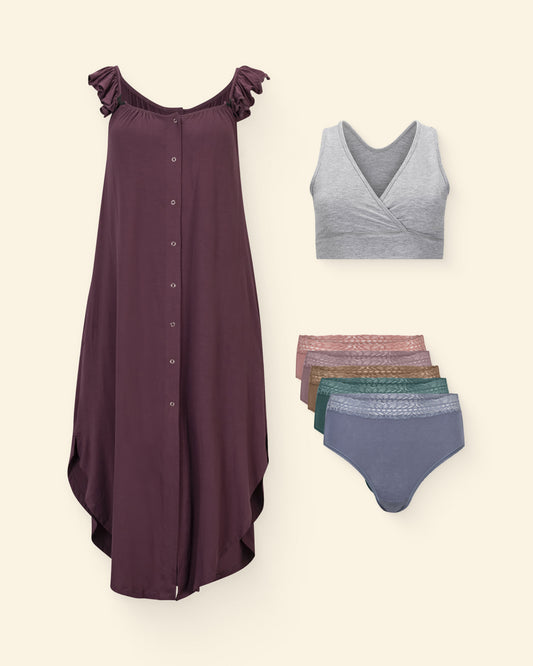 Flat lay image of the Labor & Delivery Ruffle Delivery Gown, French Terry Bra and 5 Pack High-Rise panties.