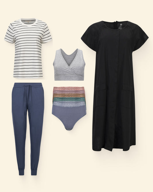 Collection of casual clothing items including a striped t-shirt, black labor & delivery gown, blue joggers, grey heather french Terry Nursing bra, and colorful high-waisted underwear on a beige background.