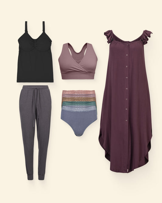 Labor & Delivery Go Bag Bundle, including  Ruffle Labor and Delivery Gown, French Terry Racerback Nursing and Sleep Bra, a Nursing T-shirt, Ultralight Sleep and Lounge Jogger and High-Waisted Postpartum Recovery Underwear, on a beige background.