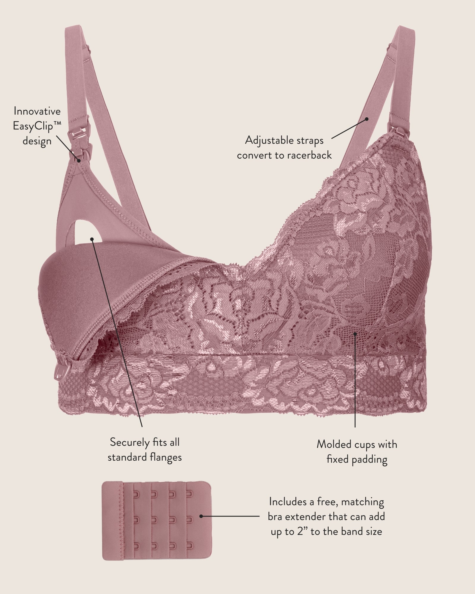 Flat image of the Lace Minimalist Hands-Free Pumping & Nursing Bra showcasing its' unique qualities: Adjustable straps that convert to racerback, EasyClip technology, flattering plunge cut, molded cups with fixed padding. 