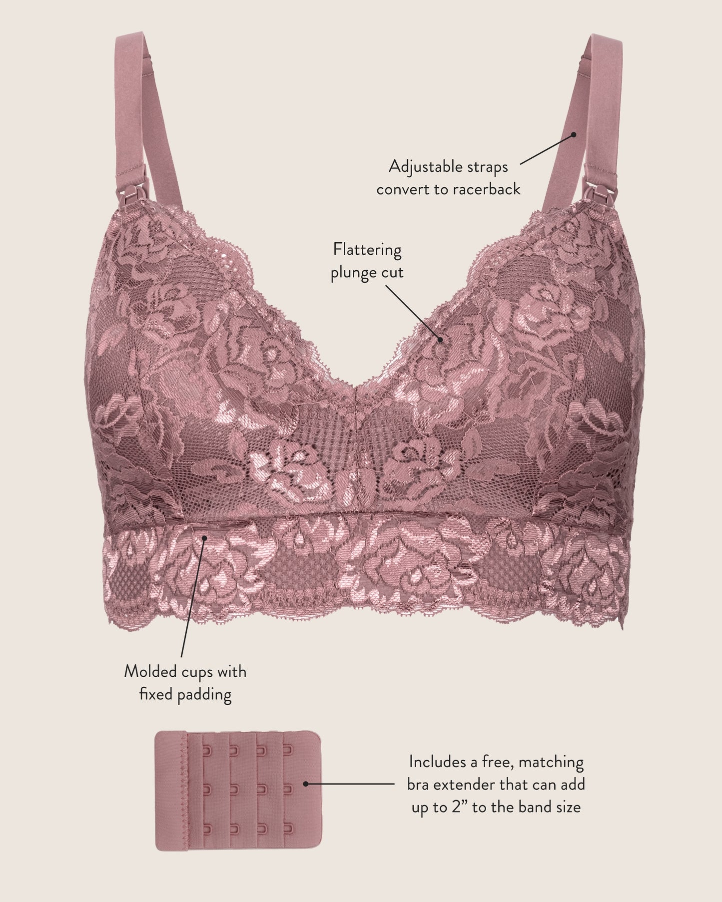 Flat image of the Lace Minimalist Nursing & Maternity Bra showcasing its' unique qualities: Adjustable straps that convert to racerback, flattering plunge cut, molded cups with fixed padding. 