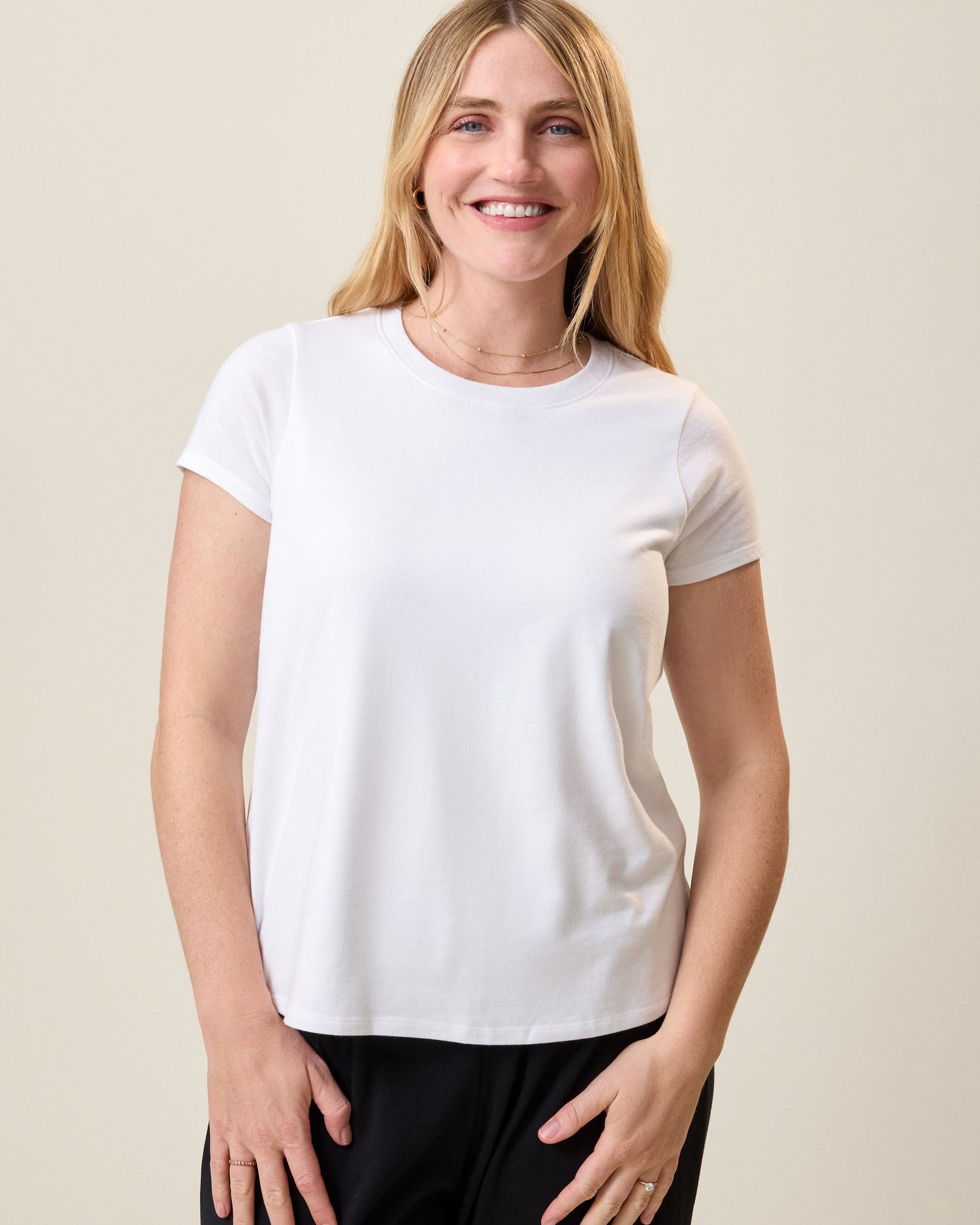 Front view of model wearing Slim Fit Cotton Nursing T-shirt in White on a neutral background@model_info:Lauren is wearing a Medium.