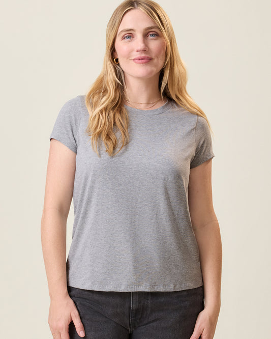 Front view of model wearing the Slim Fit Modal Nursing T-shirt in Grey Heather on a neutral background@model_info:Lauren is wearing a Medium.