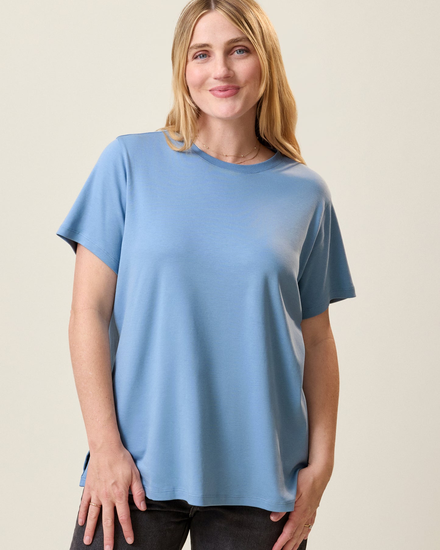 Front view of model wearing Pima Cotton Side Zip Maternity & Nursing T-shirt in Vintage Blue on a neutral background@model_info:Lauren is wearing a Medium.