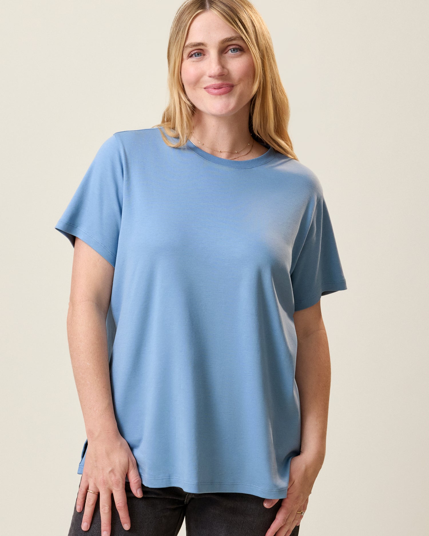 Front view of model wearing Pima Cotton Side Zip Maternity & Nursing T-shirt in Vintage Blue on a neutral background@model_info:Lauren is wearing a Medium.