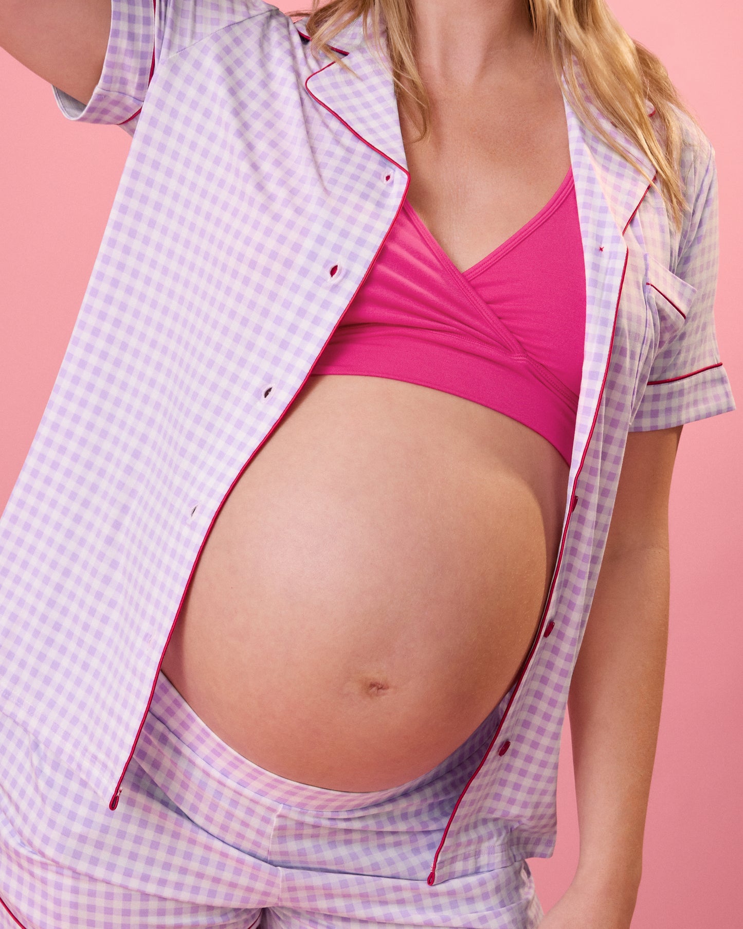 Close up of model wearing Clea Bamboo Short Sleeve Pajama Set in Lavender Gingham