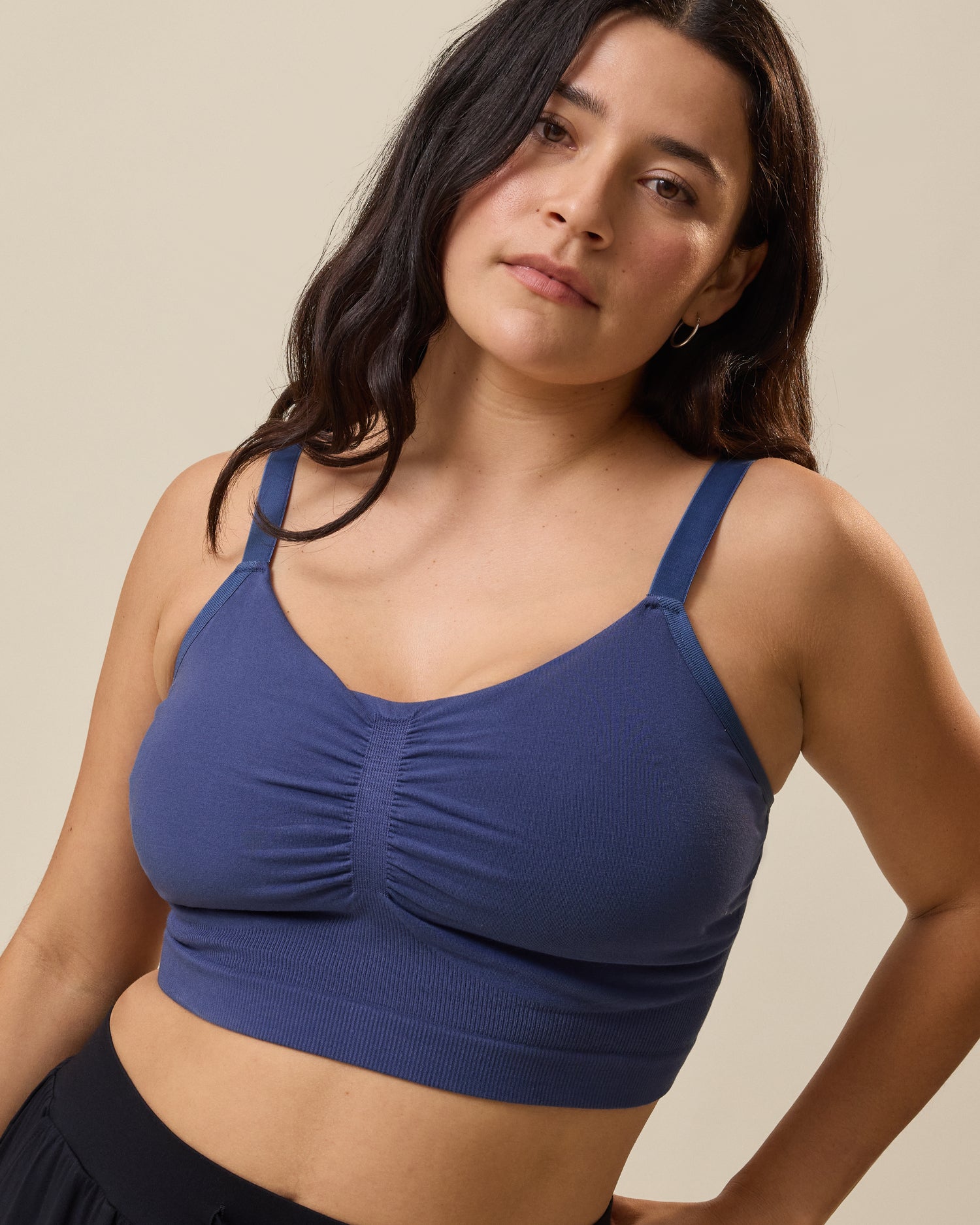 Model wearing Sublime® Bamboo Hands-Free Pumping Lounge & Sleep Bra in Light Navy against a neutral background