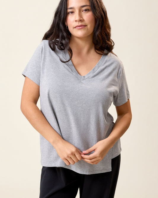 Front view of model wearing Classic Modal V-neck Nursing T-shirt in Grey Heather on a neutral background@model_info:Linda is wearing a Small.