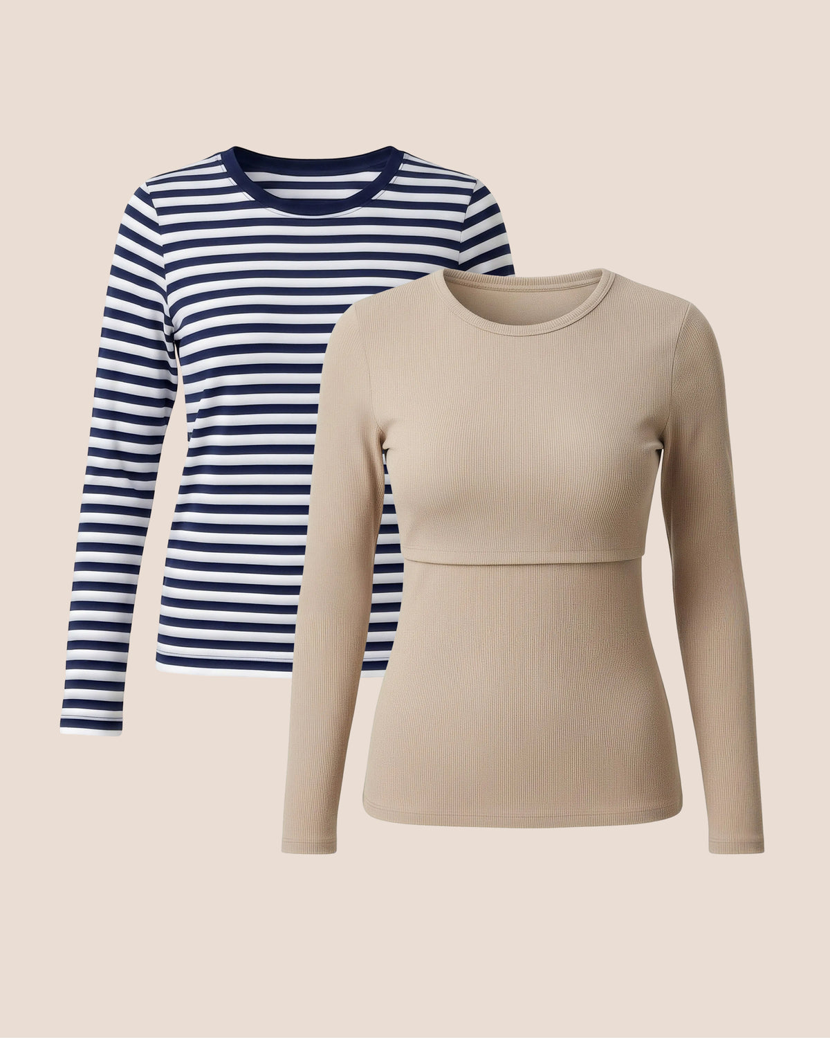 Build Your Own Long Sleeve Nursing T-shirt Bundle, featuring Ribbed Bamboo Long Sleeve Nursing T-shirt in Sandstone and Modal Long Sleeve Nursing T-shirt in Navy & White Stripe on a beige background.
