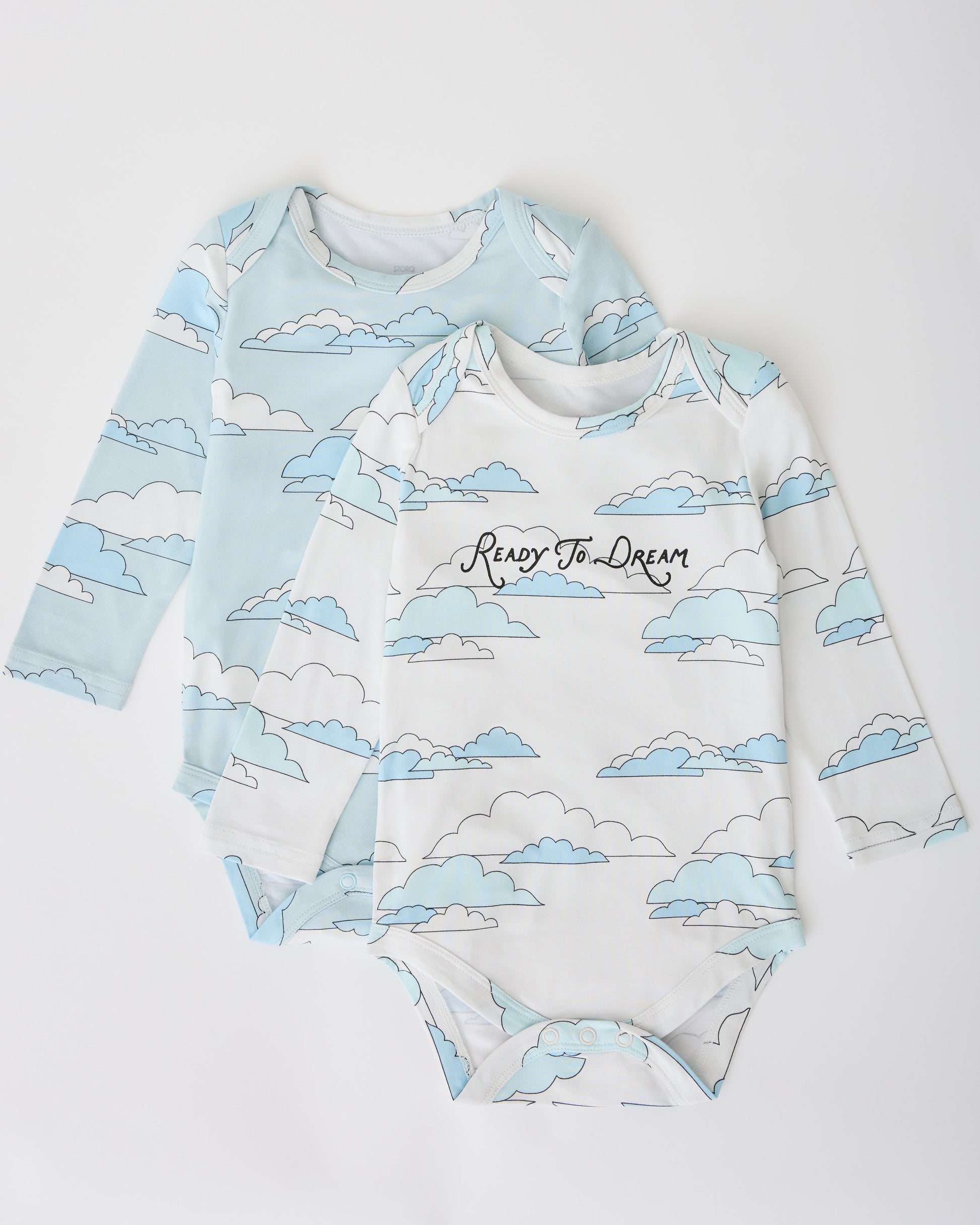 Long Sleeve Bamboo Onesie Two-Pack in Clouds on a white background.