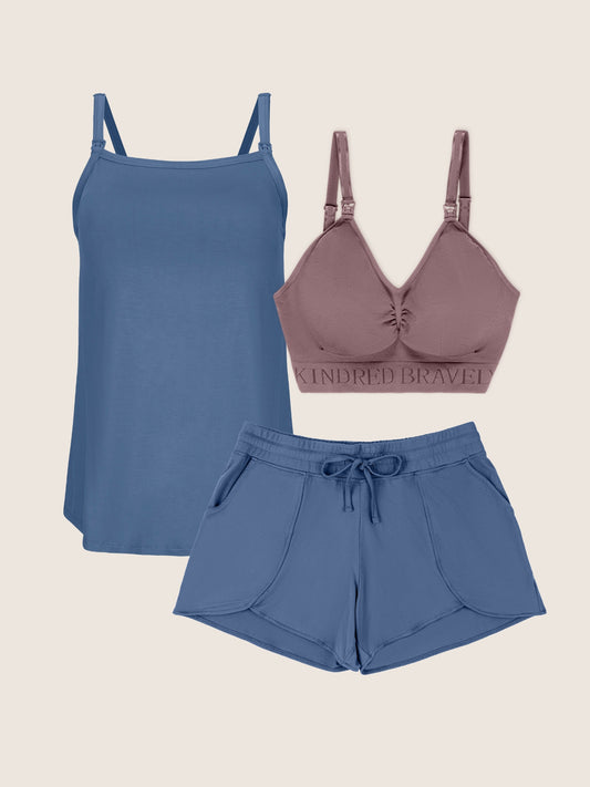 Mix-and-match Lounge Bundle, featuring the Simply Sublime Nursing Bra, the Bamboo Lounge Around Nursing Tank, and the Bamboo Maternity & Postpartum Lounge Short