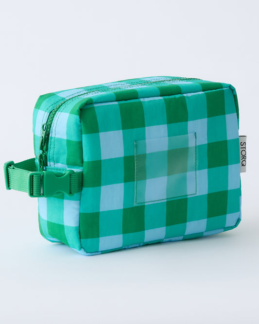 Mini Cooler Bag in Teal Gingham, on a beige background.