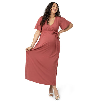 Maternity Maxi Wrap Short Sleeve Dress | Terracotta-Bottoms & Dresses-Kindred Bravely