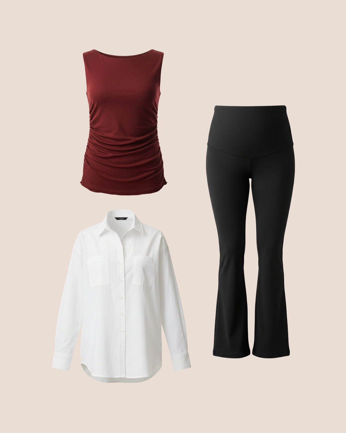Bump Style Edit includes the Ruched Maternity Sleeveless Top, Poplin Maternity &amp; Nursing Button Up Shirt and a Maternity Ponte pant of your choice, presented on a beige background.