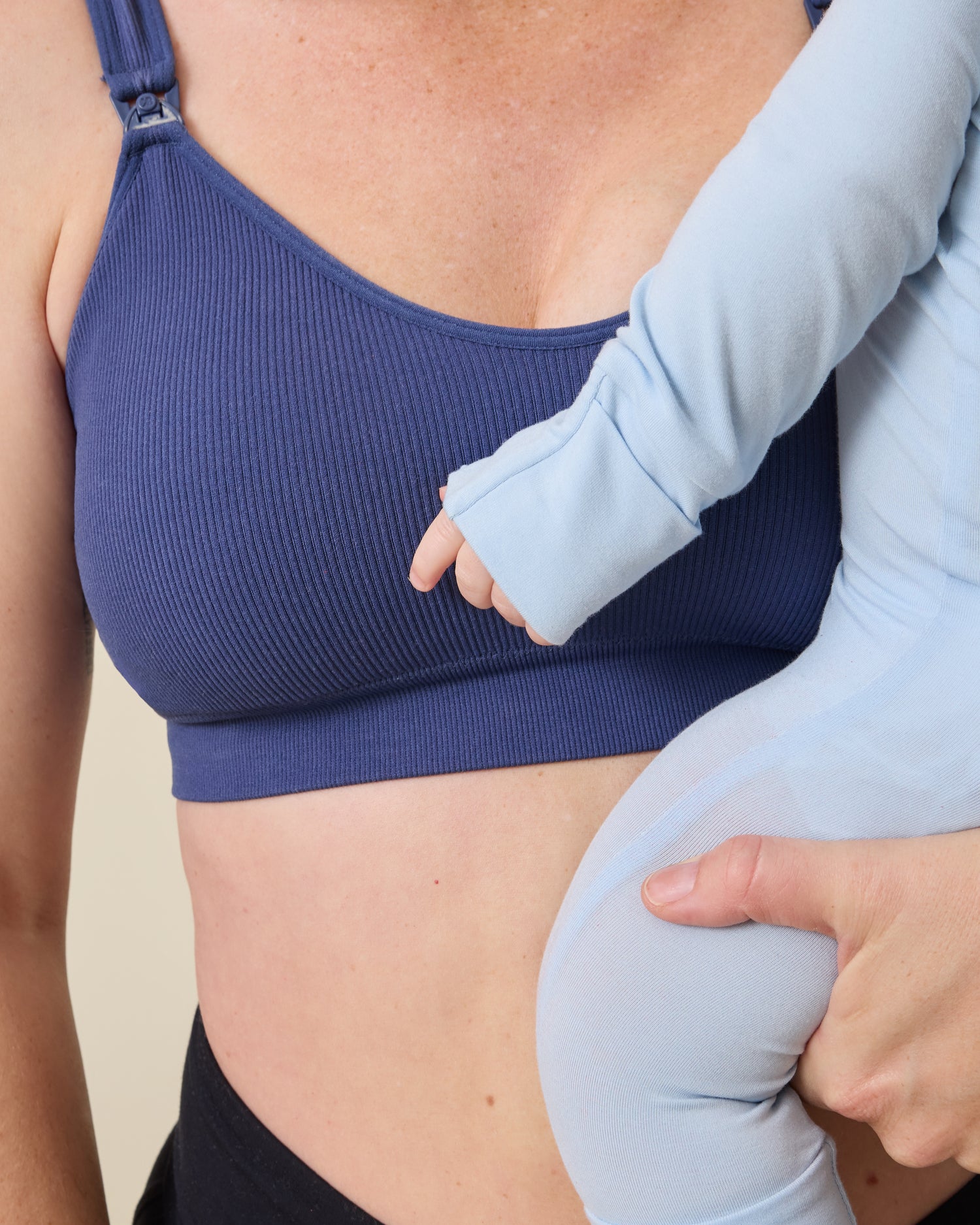 Close up of model wearing Mia Maternity & Nursing Lounge Bra in Light Navy