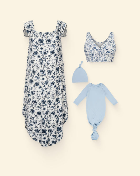 Mini Mommy & Me Bundle, containing Ruffle Strap Labor & Delivery Gown in Navy Toile, French Terry Racerback Nursing & Sleep Bra in Navy Toile, and Bamboo Knotted Baby Gown and hat in French Blue on a beige background.