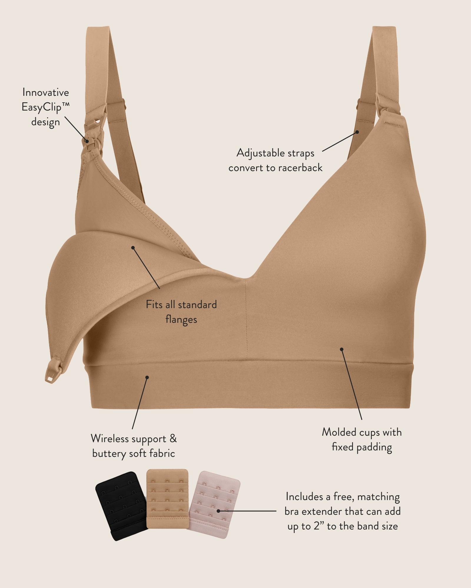 Flat image of the Minimalist Hands-Free Pumping & Nursing Bra showcasing its unique qualities: EasyClip Design, Adjustable straps that convert to racerback, wireless cups.  