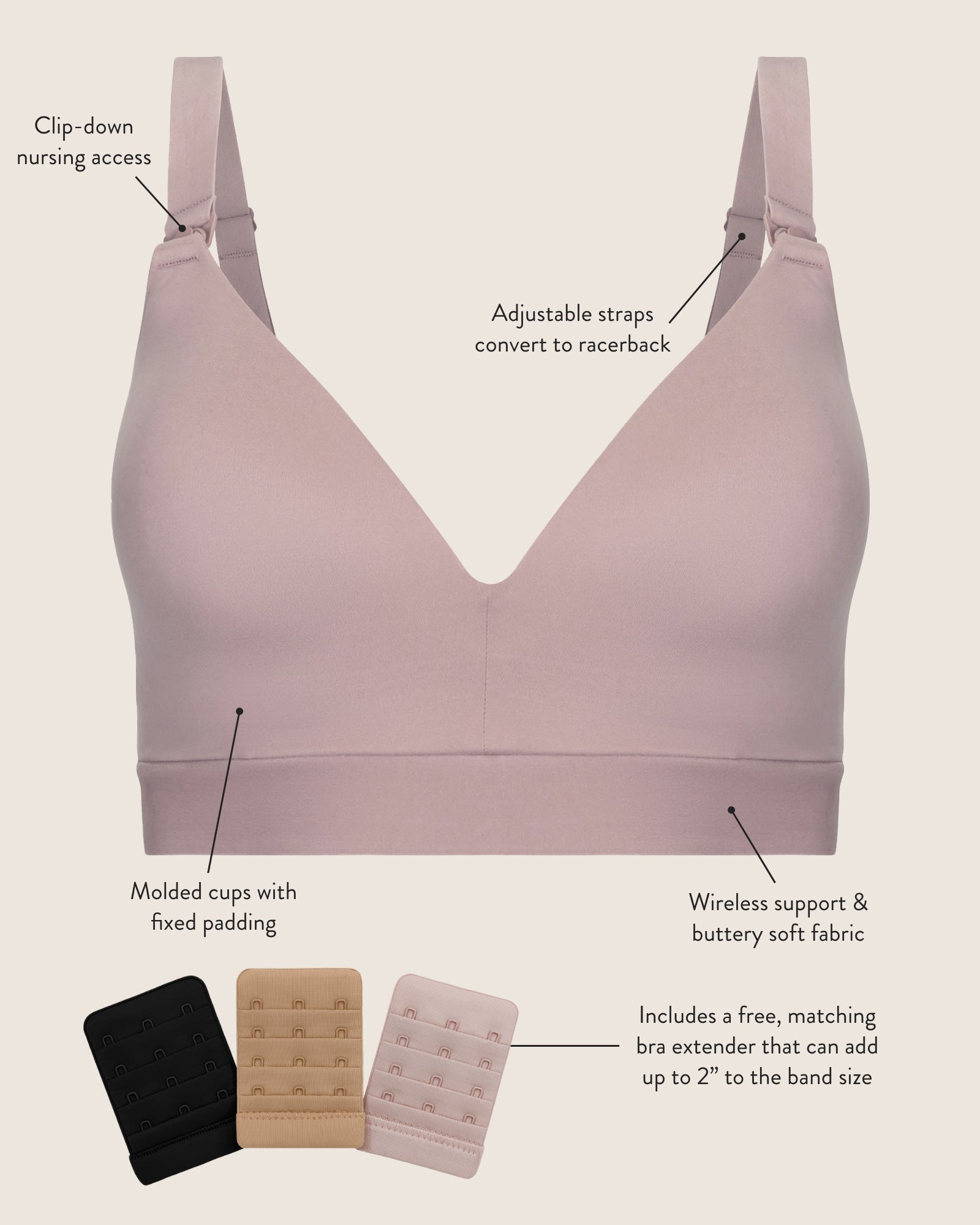 Flat image of the Minimalist Maternity & Nursing Bra showcasing all the unique qualities: Clip-down nursing access, adjustable straps that convert to racerback and wireless cups. 