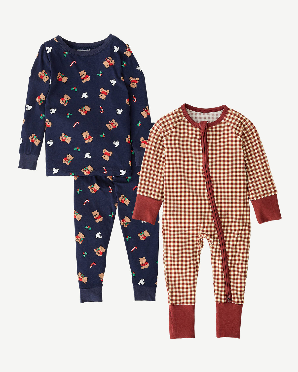 Bamboo Baby Two-Piece Pajama Set in Bearing Gifts and Bamboo Baby Pajama in Auburn Gingham on an off white background.