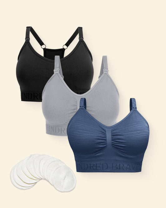 The Mix-and-Match Nursing & Pumping Bra Bundle on a beige background. Choose from the following for a perfect mix and match bundle: Sublime® Hands-Free Pumping & Nursing Bra, Simply Sublime® Nursing Bra, Sublime® Nursing Sports Bra, Sublime® Hands-Free Pumping & Nursing Sports Bra, Sublime® Bamboo Pumping Lounge & Sleep Bra and Organic Bamboo Reusable Nursing Pads.