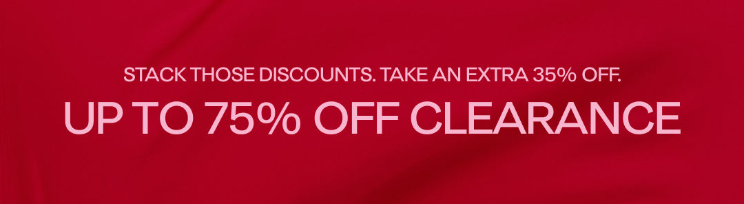 Promotional banner with text 'Stack those discounts | Extra 35% off in cart | Up to 75% off' on a red background