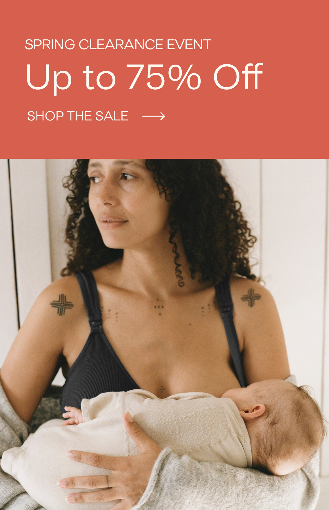Woman breastfeeding baby with banner advertisement, Spring Clearance Event Up to 75% off, Shop the Sale, arrow on a red background
