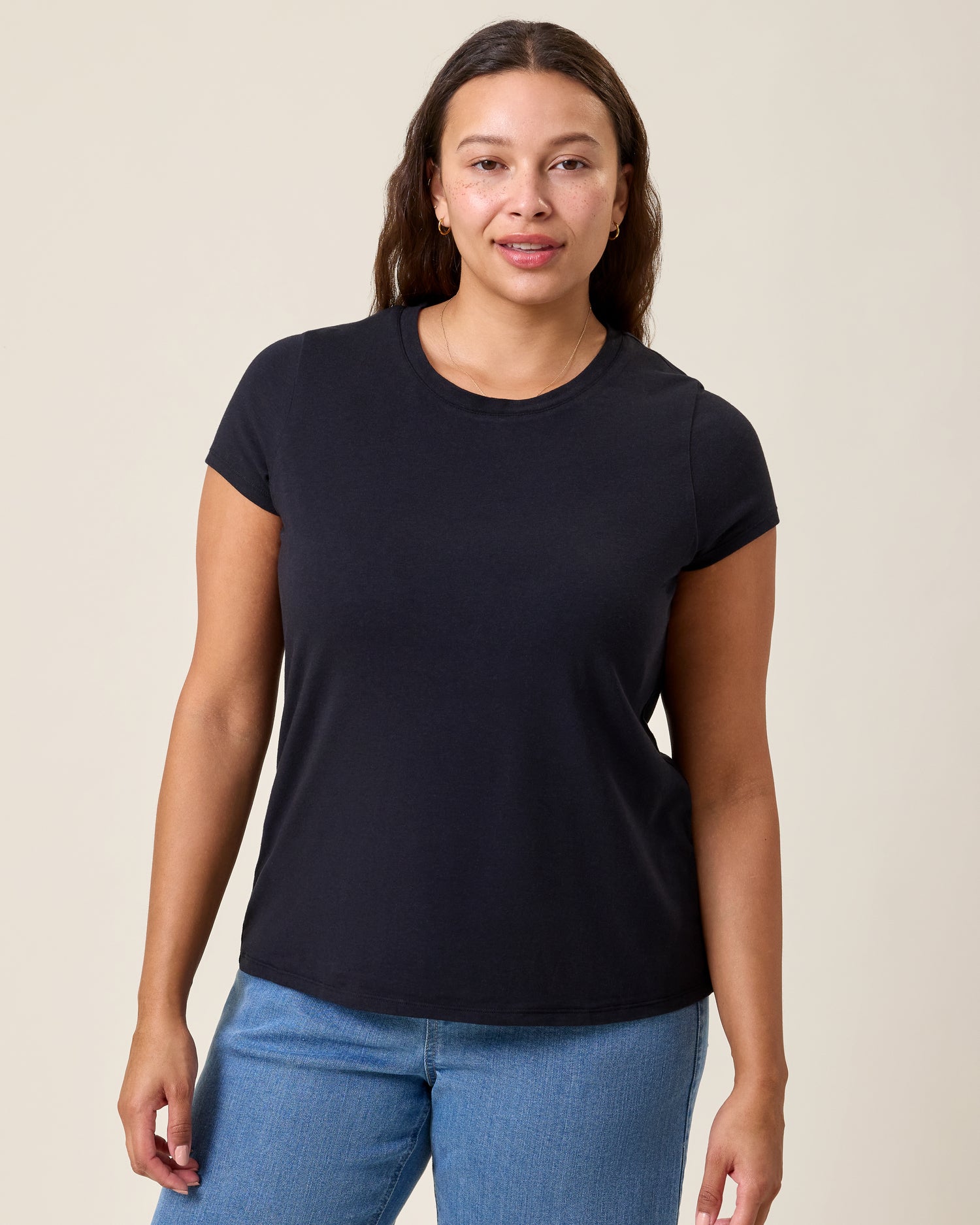 Front view of model wearing Slim Fit Modal Nursing T-shirt on a neutral background