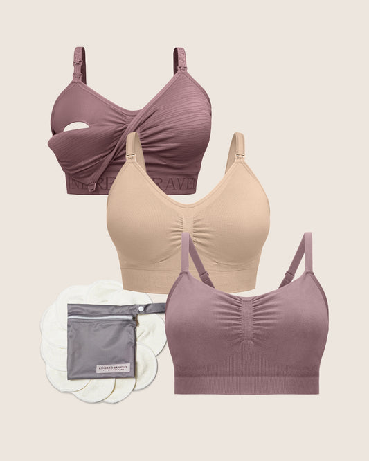 Product options for the Mix & Match Bra Bundle - Sublime Hands-Free Pumping & Nursing Bra, Sublime Bamboo Hands-Free Pumping Lounge & Sleep Bra, Simply Sublime Maternity & Nursing Bra, and Organic Bamboo Nursing Pads