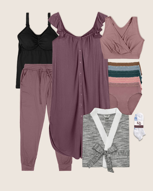Styles included in the Ultimate Labor & Delivery Bundle - Simply Sublime Nursing Tank, Ruffle Labor & Delivery Gown in Burgundy Plum, French Terry Racerback Nursing Bra, Everyday Lounge Jogger in Slate Blue, High-Waisted Postpartum Underwear Pack, Emmaline Robe in Grey, and Labor & Delivery Socks