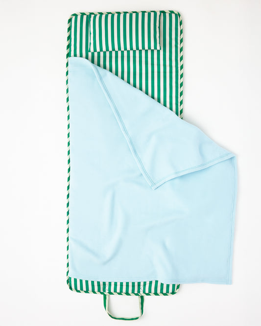 Nap Mat in Green Stripe with lightly padded mat, pillow and light blue Soft fleece blanket that can fold over, velcro closure, handle for carrying, on a white background.