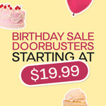 Advertisement for birthday sale doorbusters with cake and cupcake illustrations on a yellow background.