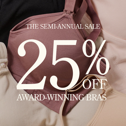 Promotional image of a bra with text overlay for a 25% off semi-annual sale on award-winning bras.