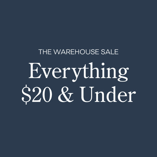Promotional sale graphic with white text reading 'THE WAREHOUSE SALE' and 'Everything $20 & Under' on a dark navy background.