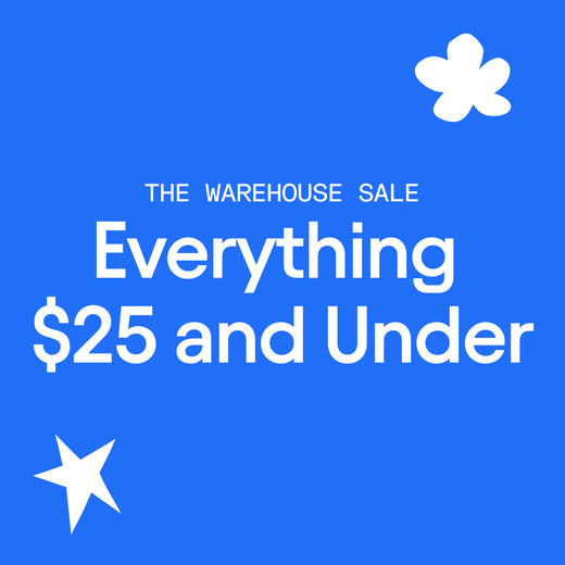 A promotional graphic with a bright blue background and white text reading 'THE WAREHOUSE SALE Everything $25 and Under,' plus two white star-like icons, one near the top right and one near the bottom left.