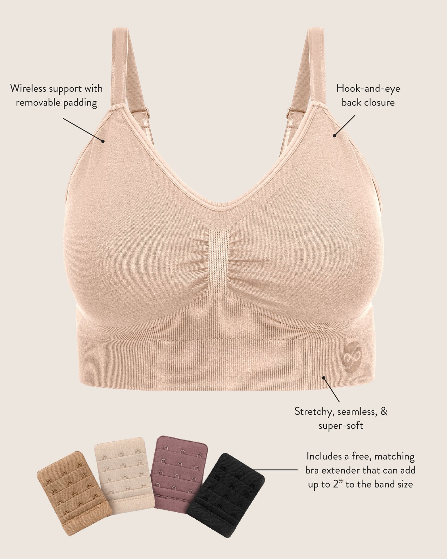 Infographic showing the Nellie Sublime® Wireless Bra in Beige showing the various features of the bra. 