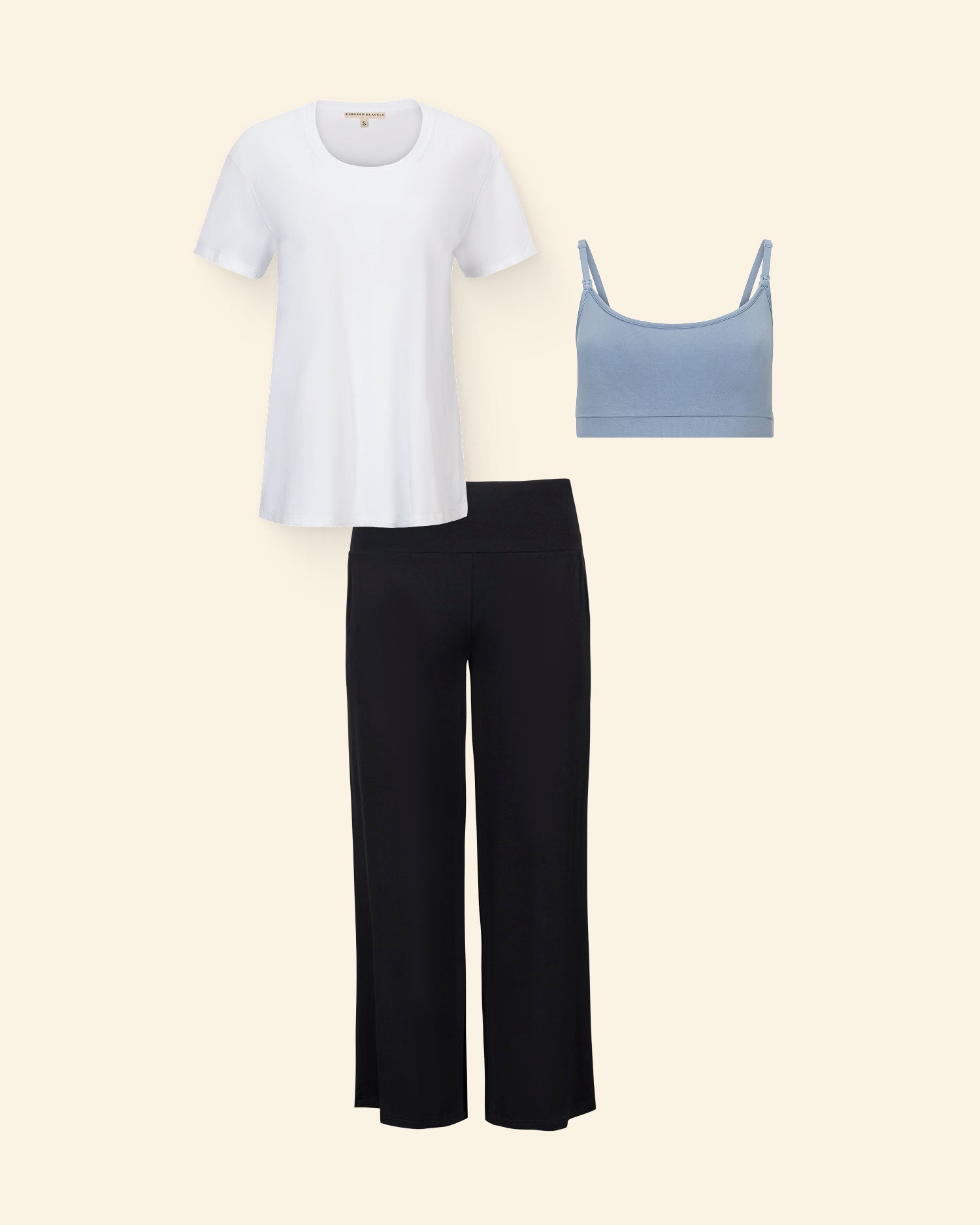 Nesting & Nursing Set includes: Relaxed Cotton Maternity & Nursing T-shirt, Bamboo Wide Leg Maternity & Postpartum Lounge Pant, French Terry Maternity & Nursing Bralette, on a beige background.